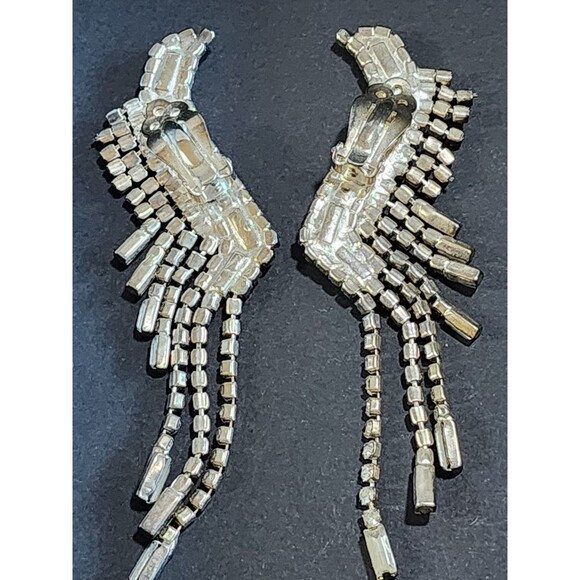 Vintage Rhinestone Dangling Baguette Clip On Earrings Long Ear Climbers Clear 4" - Picture 2 of 12